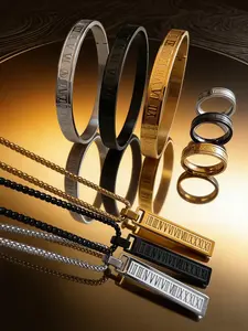 Roman Bracelet Necklace Ring Set, Silver Stainless Steel Jewelry, Unisex Casual Elegant Accessories