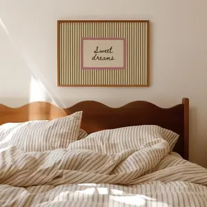 Sweet Dreams Print Neutral Striped Bedroom Wall Art, Coquette Room Decor