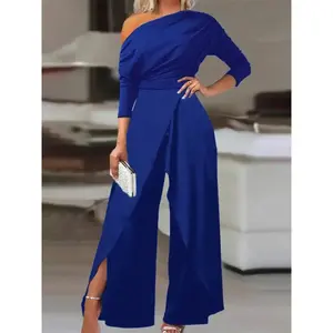 Plain Ruched Wrap Split Hem Jumpsuit for Women, Chic Fit Modern   Elegant Wide Leg Jumpsuit for Dating Daily Wear, Overalls for Women, Ladies Clothes for All Seasons, Clothing, Womenswear, Jumpsuitwomen