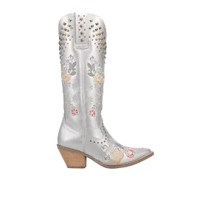 Dingo Womens Poppy Floral Embroidered Metallic Studded Snip Toe Pull On  Casual Boots Knee High Mid Heel 2-3" - Silver