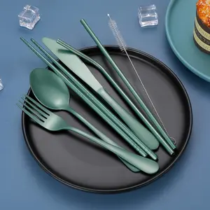 Portable Stainless Steel Cutlery Set Travel Camping Utensils with Waterproof Case Green Silverware for Outdoor Picnic Hiking Home Use