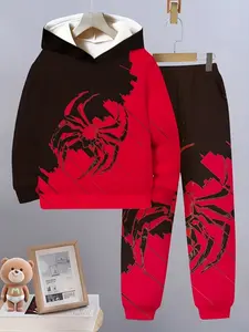 Boys Creative Game Hero City Spider 3D Digital Print Loose Casual Hoodie Set, Perfect for Outdoor Activities, Fitted Geometric Pattern