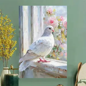 White dove canvas painting, dove print, garden windowsill dove art, rustic style, beauty of peace, framed poster, suitable for office, cafe, living room, dining room, bedroom, apartment, bathroom, toilet, new wall art, birthday, party, holiday gift