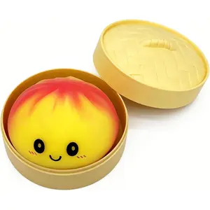 Colorful Dumpling Toy with Steamer Box, Funny Squeeze Dough Stress Ball, Realistic Steamed Bun Fidget Sensory Toy for Desk Anxiety Relief Calming Travel Accessory Gift