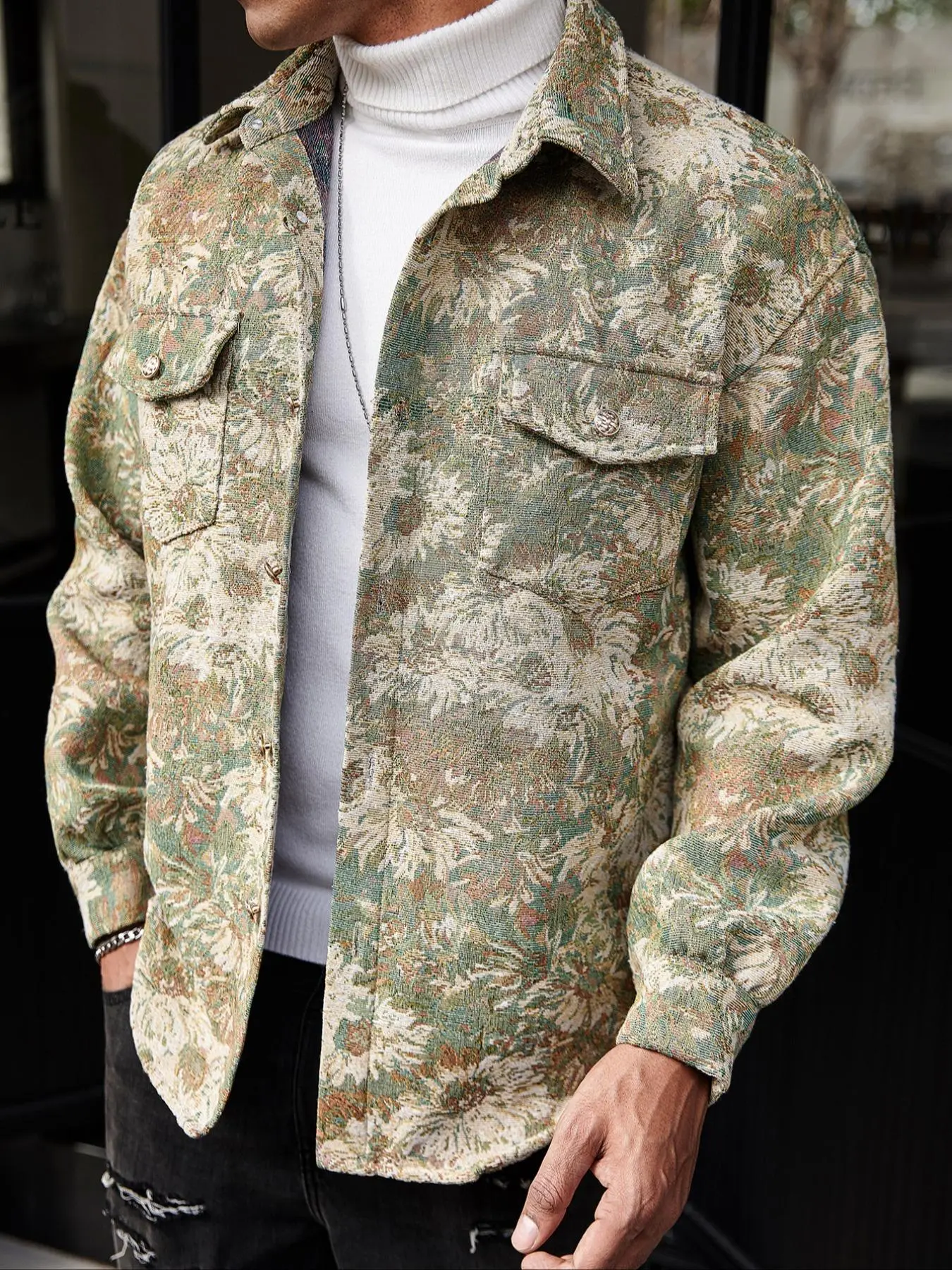 Retro Daisy Jacquard Fabric Jacket for Men, Spring Autumn Outdoor Streetwear, Trendy Athletic Casual Coat