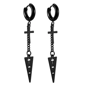 OIDEA Cross Triangle Tassel Chain Hoop Earrings Stainless Steel Hip Hop Gothic Drop Hoops for Men Women Black