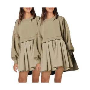 Plus Size Solid Color 2-in-1 Smock Dress, Casual Basic Drop Shoulder Long Sleeve Short Dress for Autumn & Winter, Women’s Clothing for Everyday Wear