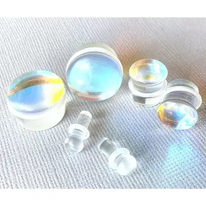 PAIR Luminous Moonstone Glass Single Flare Stone Plugs Gauges Earlets Tunnels Body Jewelry