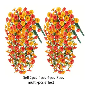 Simulation hanging morning glory and eucalyptus leaf Decorative flowers, Outdoor Fake Flowers, with realistic orange-yellow blossoms, UV-resistant indoor and outdoor decoration, suitable for weddings and outdoor spaces - maintenance-free year-round decor