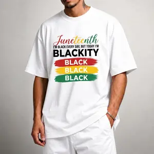 "Juneteenth Blackity Black" Stacked Quote White Cotton T-Shirt Tshirt TOP