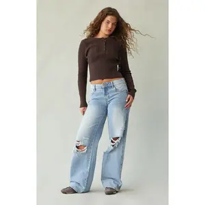 Pacsun Women's Casey Low Rise Baggy Jeans Ripped Knees Medium Indigo
