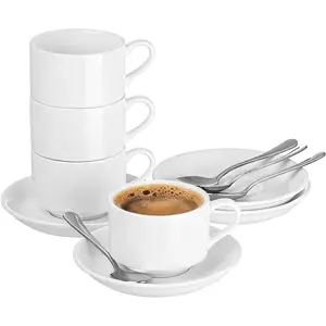 2.5oz Espresso Cups Set of 4, Demitasse cups and Saucers with Spoons for 4, Expresso Shot Cups for Espresso Machine-White