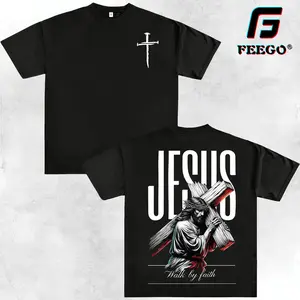 Walk by Faith Jesus tshirt Y2K High Street Religious Printed T-Shirts, Cotton T Shirt Unisex graphic T-Shirts,Hipster Swag God Lord Jesus Christian Anvil Menswear Soft good graphic tees-Men clothing