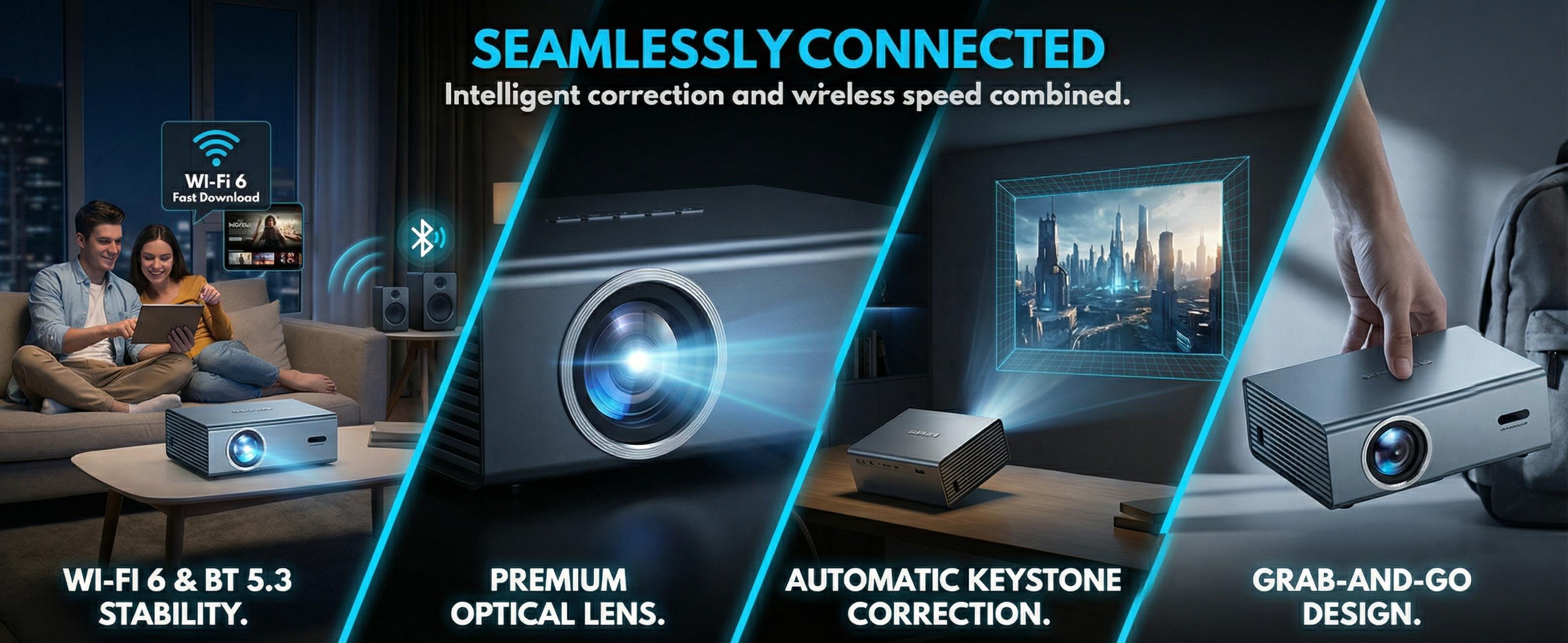 4K Projector with Wi-Fi 6 & Bluetooth 5.3, 22000 Lumens Portable Outdoor Movie Projector, Electric Focus, Auto Keystone Correction, High Brightness for Home Theater & Bedroom 4K Projector with Wi-Fi 6 & Bluetooth 5.3, 22000 Lumens Portable Outdoor Movie Projector, Electric Focus, Auto Keystone Correction, High Brightness for Home Theater & Bedroom