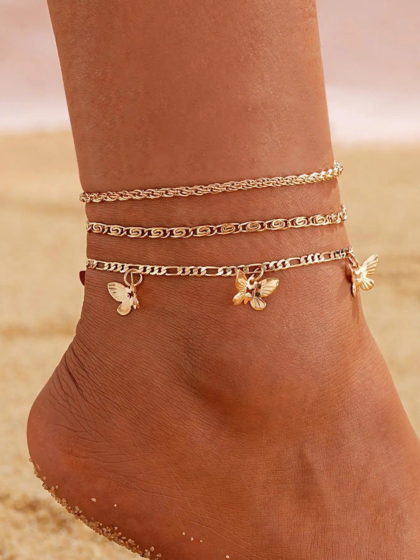 Summer 2024 Elegant Style Mini Butterfly & Chain Decor Anklet, 3 Counts Butterfly Charm Anklet Chain, Fashion Body Accessories for Women, Jewelry