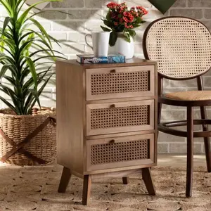 Baden Mid-Century Modern Walnut Brown Finished Wood 3-Drawer Nightstand with Rattan, Assembly Required, 26.00" High x 15.70" Wide x 11.80" Deep
