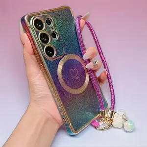 New compatible Samsung S26 Ultra phone case with silk colourful matte heart magnetic soft protective cover for S24/23, full wrap anti-drop FE laser cloud with gold thread wrist strap, S21 luxury fashion women creative S22 premium feel