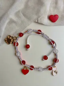 Handmade Macrame Bracelet - Pet Lover's Silver & Red with Heart, Cat & Paw Charms