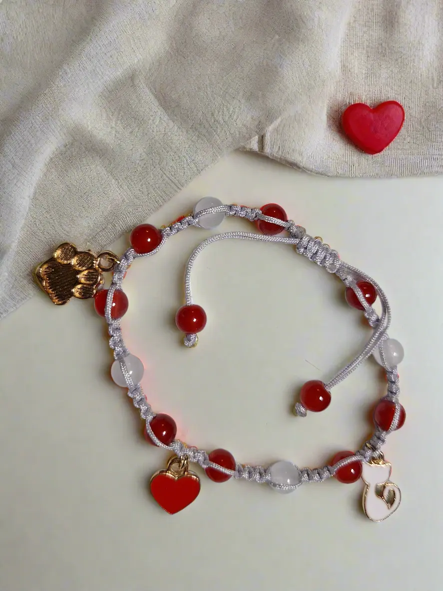 Handmade Macrame Bracelet - Pet Lover's Silver & Red with Heart, Cat & Paw Charms