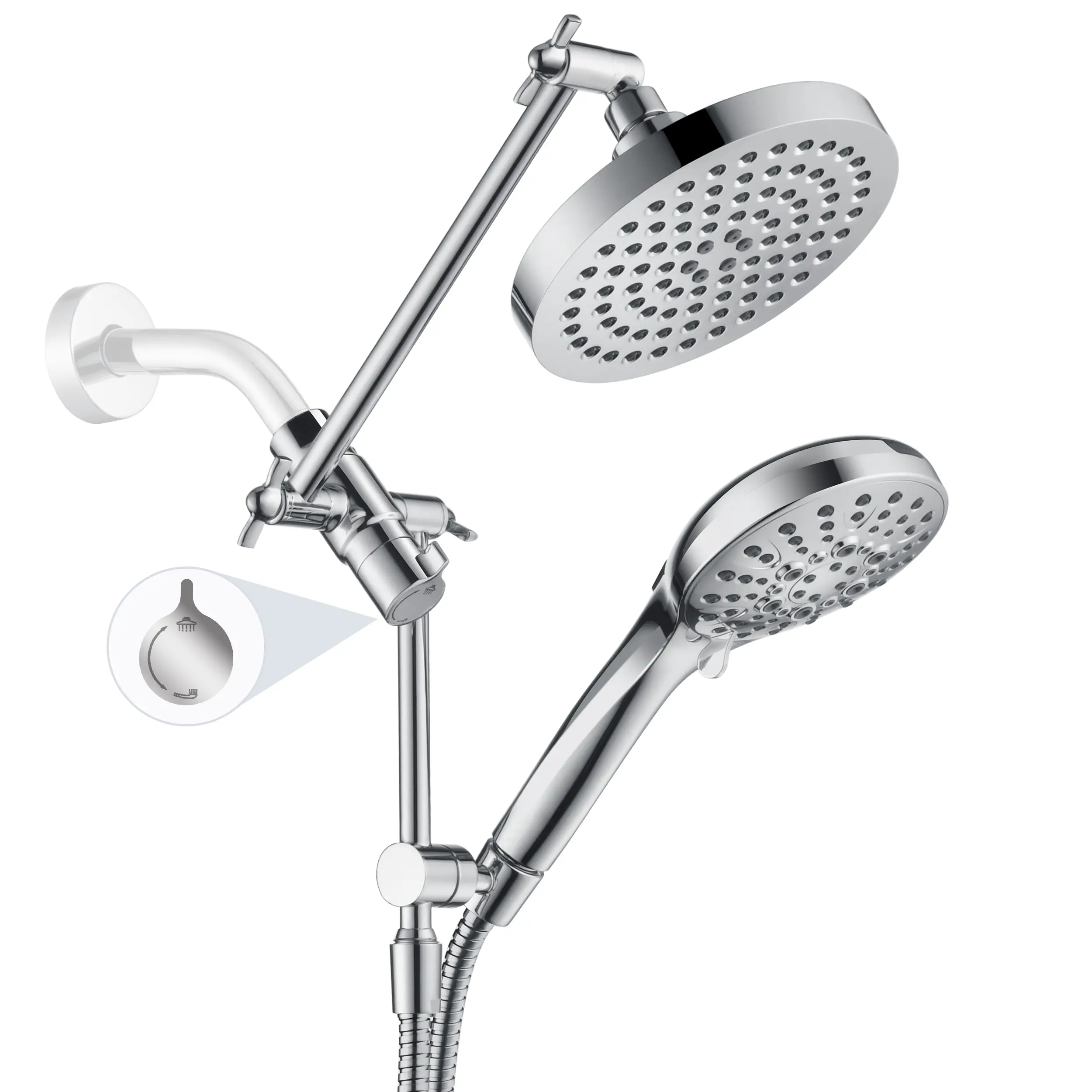 BRIGHT SHOWERS Rain Shower Head with Handheld，High Pressure Shower Head with Adjustable Extension Arm, Diverter, 9 Settings Handheld, 69” Long Hose