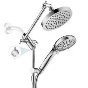 BRIGHT SHOWERS Rain Shower Head with Handheld，High Pressure Shower Head with Adjustable Extension Arm, Diverter, 9 Settings Handheld, 69” Long Hose