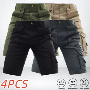 4-pack men’s cooling breathable tactical cargo shorts, mid-length, slight stretch ice silk fabric, metal button belt waistband, multiple flap pockets, outdoor wear-resistant design