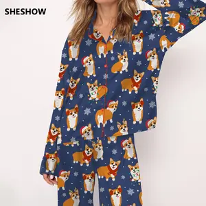 SHESHOW Corgi Christmas Silky Satin Pajama Set For Women Print Comfy Satin Sleepwear & Loungewear Pjs Printing Silky Top & Bottoms