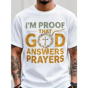 Men's Christian T-Shirt "I Am the Proof of God's Response to Prayer" with Golden Crown Cross & Lettering - Ultra-Soft Breathable Fabric Suitable for Church, Easter, Christmas - White & Black Crew Neck Short Sleeve, Unisex (Machine Washable) Religious