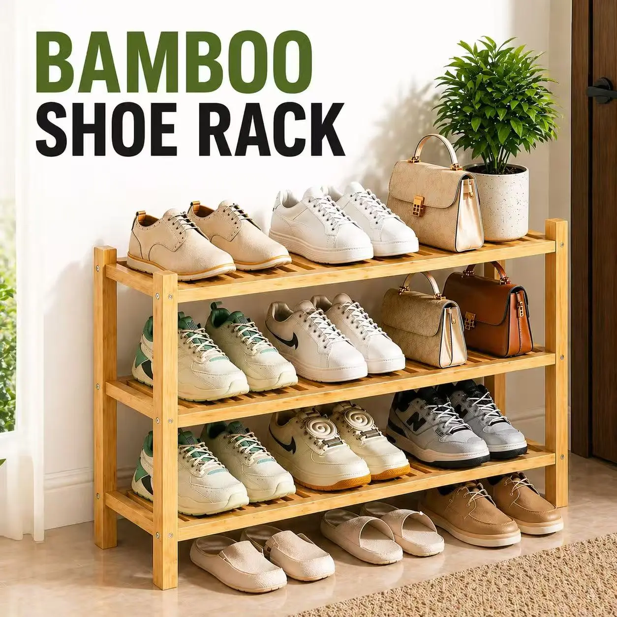 Bamboo Shoe Rack Organizer, 2-3 Tier Foldable Stackable Shelf with Sturdy Base, Durable Space-Saving Unit for Closet Entryway, Holds 6-9 Pairs, Assembly Required