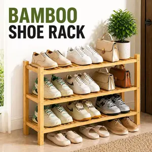 Stackable Bamboo Shoe Rack, 2/3 Tier Foldable Shoe Shelf, Space-Saving Organizer for Closet Entryway Bedroom Dorm, Holds 6–9 Pairs