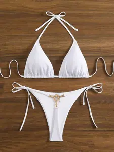 Women's High Elasticity Plus Size Bikini Set, Sexy Thong Panties with Side Straps, Slim-Fitting Swimwear, Plain Pattern