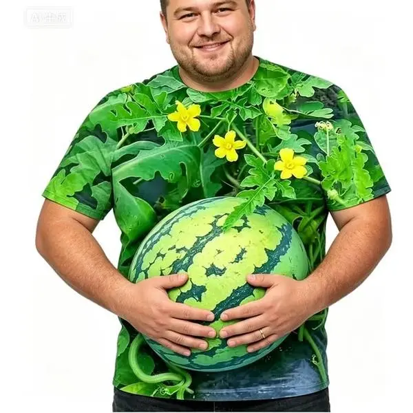 Funny 3D Big Belly Watermelon Graphic T-Shirt, Watermelon Vine Flower Print Crew Neck Short Sleeve Casual Tee for Men & Women