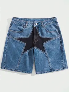American Street Style Star Patch Denim Shorts, Blue Colorblock Loose Fit Five-Quarter Pants, Y2K Sweet Cool Casual Summer Wear