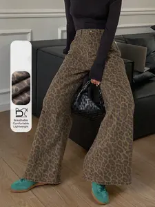 Fashionable Daily Wear Women's Non-Elastic Leopard Print Mid-Waist Jeans Wide-Leg Long Pants, Stylish and Comfortable Clothing for Everyday Use