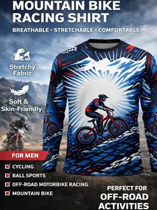 Men's Motorcycle Off-Road Long Sleeve T-Shirt, Sports Top, Sporty Fitted Design, Random Print Pattern, All Seasons Wear, Casual Style