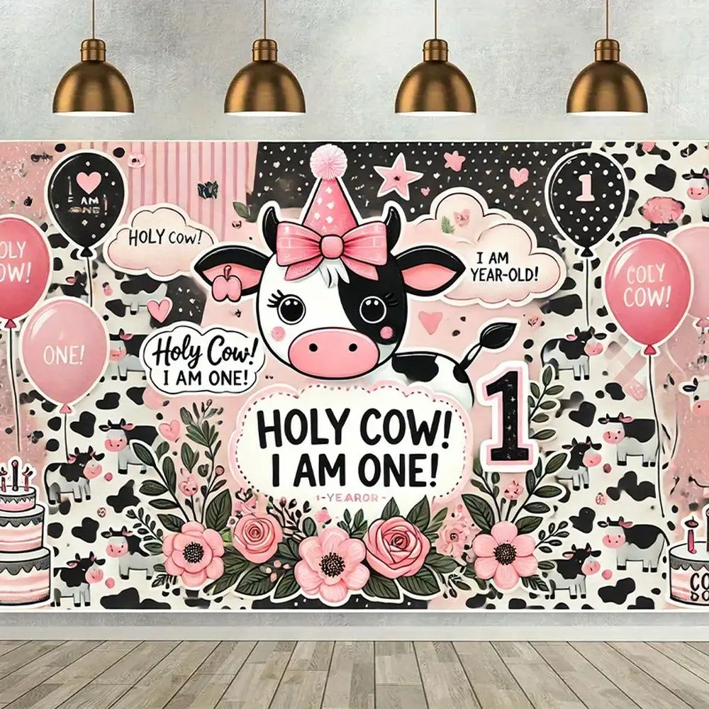 1pc 2D Flat Pink "Holy Cow! I'm 1!" Cow-Themed Birthday Party Backdrop, Polyester Party Decoration Supplies Banner with Balloons, Stars, Cake Design - No-Electricity Outdoor/Indoor Banner for Home Celebrations