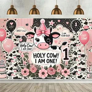 1pc 2D Flat Holy Cow! I'm One!" Pink Cow - Themed Birthday Party Backdrop - ft Polyester Banner with Balloons, Stars, and Cake Design - Ideal for Home, Office, or Outdoor Celebrations - No Electricity Re