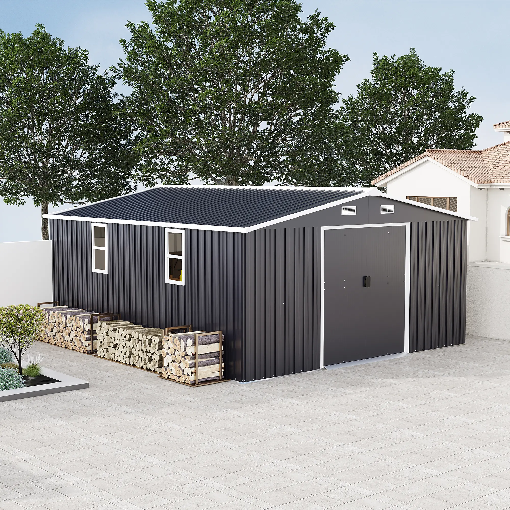 Outdoor Metal Storage Shed 10x12 ft, 0.23mm Color Steel Plate with Protective Film, Two Daylight Windows, Includes Installation Kit, Dark Gray