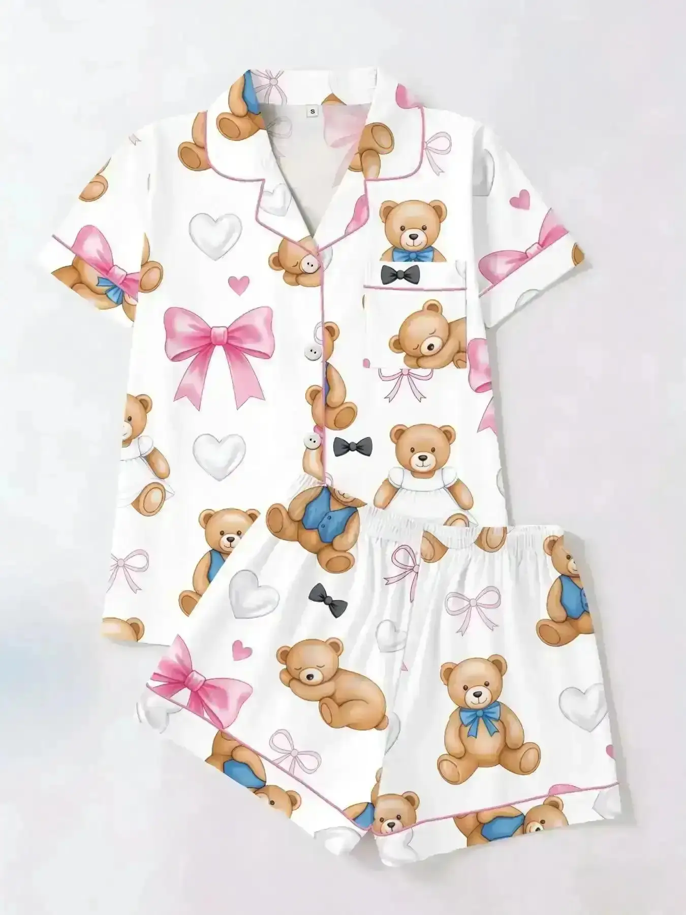Casual Jogger Set, Cute Bear Bowknot Print Pajama Set, Short Sleeve T-Shirt & Shorts Cardigan Two-Piece, Casual Loungewear Homewear for All Seasons, Coord, Outerwear, Versatile, Comfort, Wear, Style, Outfit, Essential