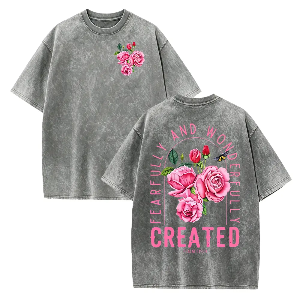 Amazing Pink Rose Vintage-style Loose Printed T-shirt, WomenS Short-sleeve Design, 8 11oz Pure Fabric, Relaxed Fit Perfect for Casual Attire Or As A Gift for Friends Lyrics Taken From Psalm 139: 14, Beautifully Designed 100% Pure