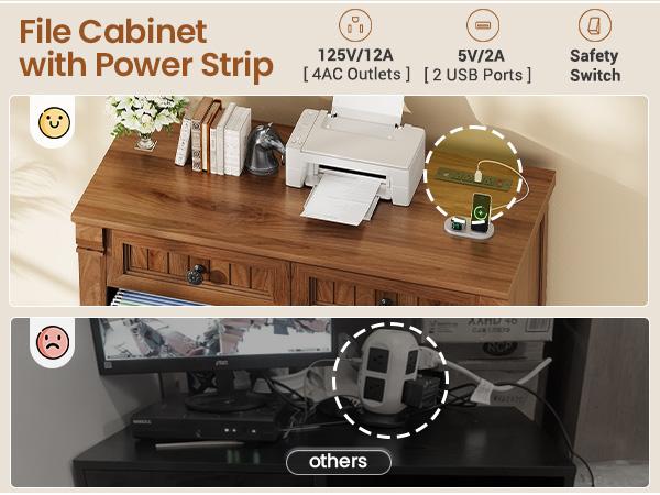 SEDETA 4 Drawers File Cabinet, 33" Farmhouse Filing Cabinets for Home Office fit Legal/Letter/A4 File, Wood Office File Cabinet with Power Outlets, Printer Stand with Storage