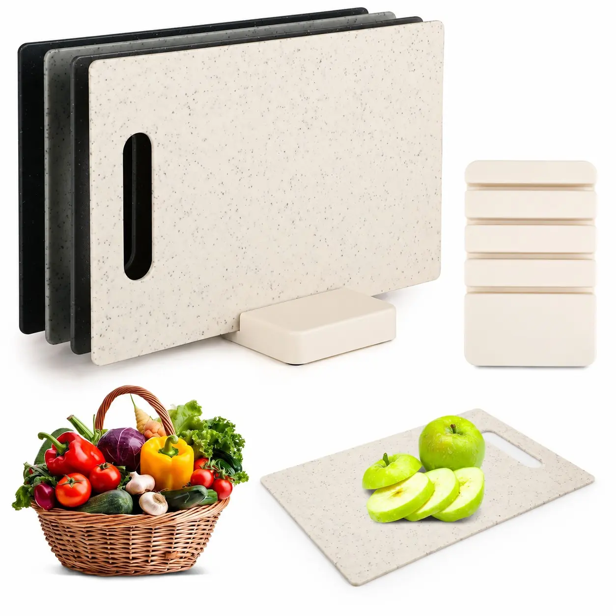 4-Piece Set of Plastic Cutting Boards – Double-Sided Cutting Boards with Practical Base, Sturdy Cutting Boards & Breakfast Boards Set 28 x 18.5 cm, Space-Saving & Easy to Clean, Durable Cutting Boards