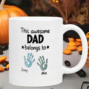 Hand-painted Pattern Mug 11oz Ceramic Mug, This Awesome Dad Belongs to Handprint Pattern Coffee Cup, Ideal Gift for Dad, Father's Day, Birthday, Family, Daily Use Father Gift