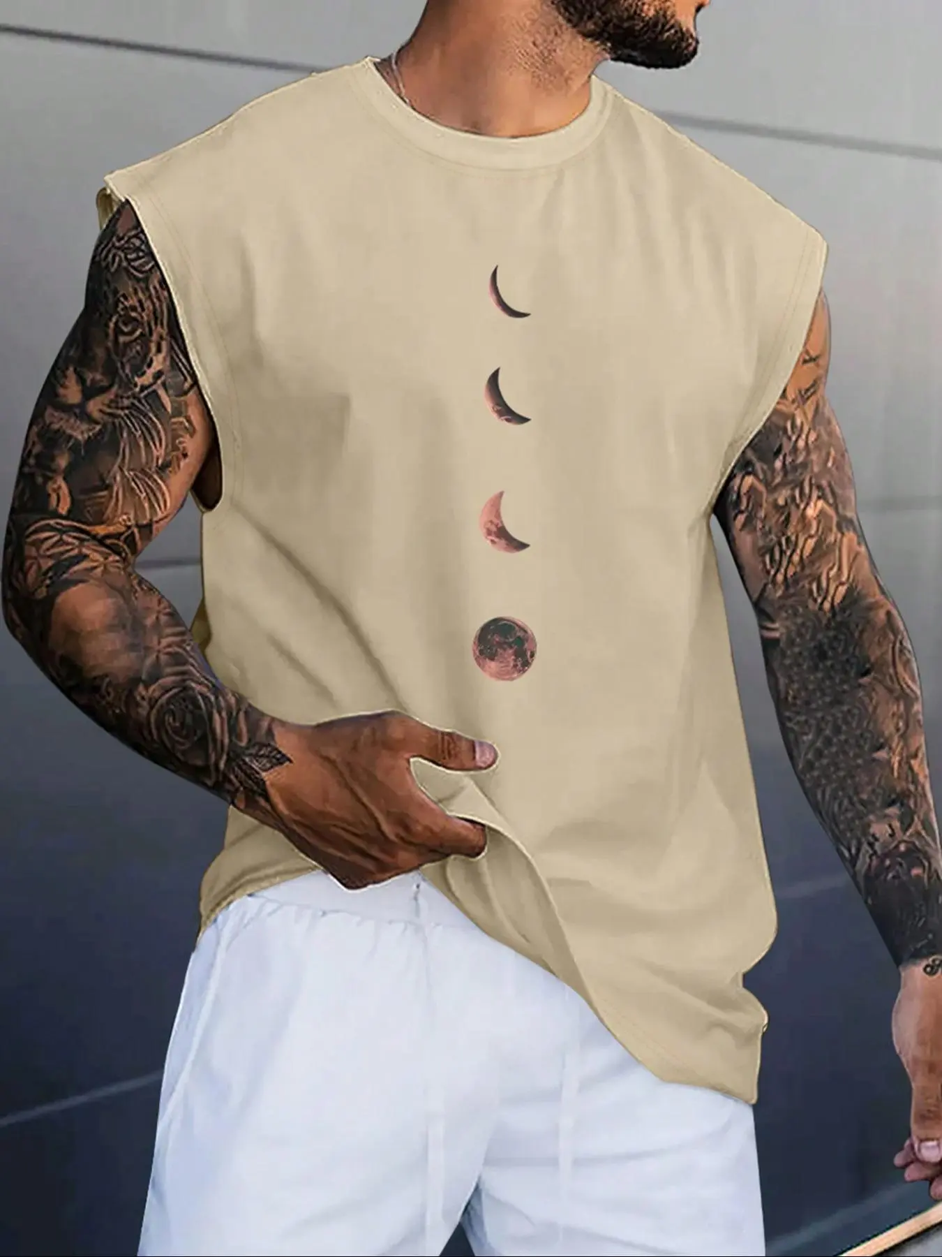 Men's Moon Print Wide Shoulder Vest, Regular Fit Casual Sleeveless Graphic Tank Top for Summer, Men's Top for Daily Wear, Menswear, Casual Streetwear Top, Casual Street Style Men's Moon Print Wide Shoulder Vest, Regular Fit Casual Sleeveless Graphic Tank Top for Summer, Men's Top for Daily Wear, Menswear, Casual Streetwear Top, Casual Street Style