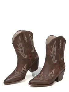 CELNEPHO Women Cowboy Boots Pointed Toe Block Heel Ankle Booties Western Embroidered Design Easy Pull on Tabs Cowgirl Boot Gift Horse Ridding Country Wedding Dress Shoes