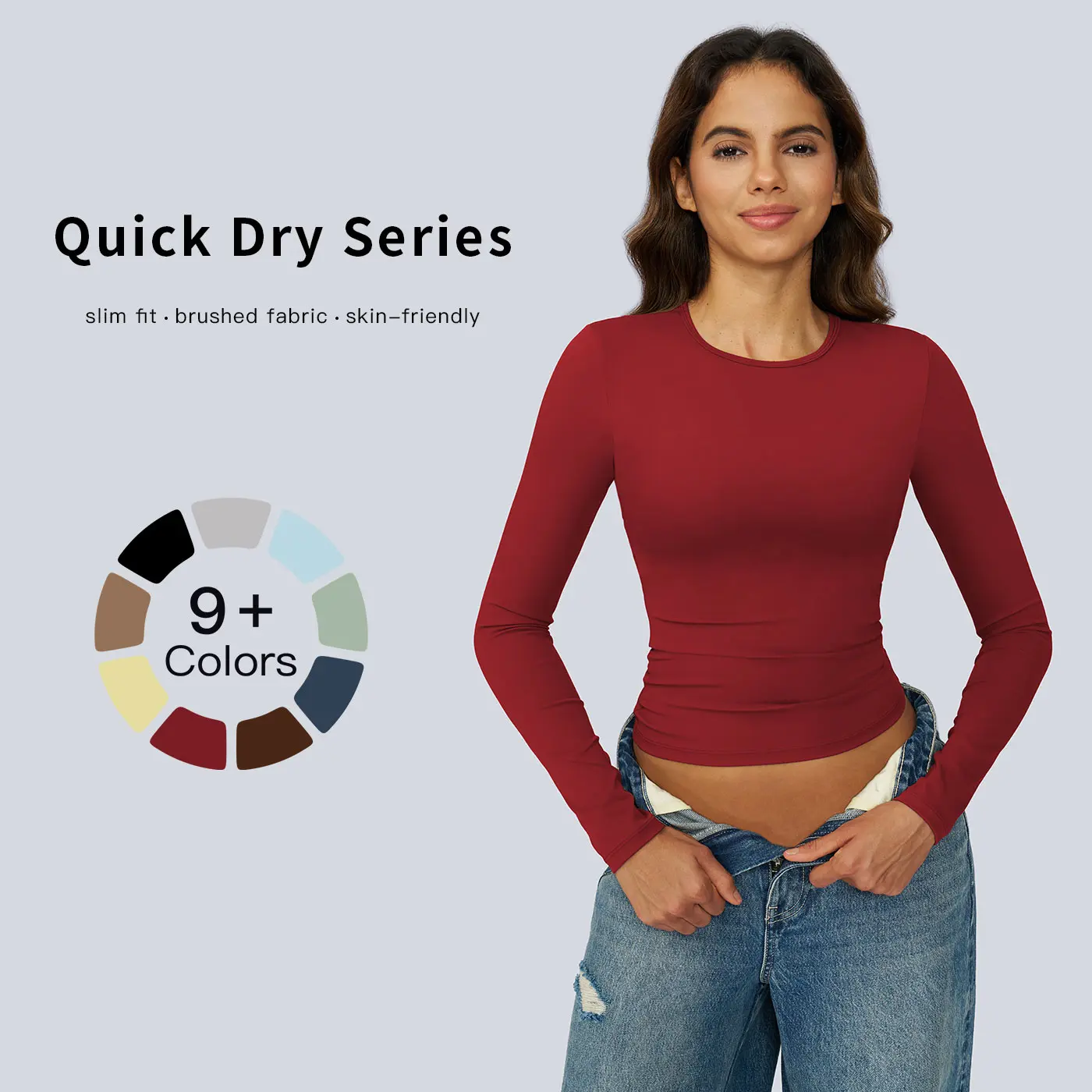 Women's Long Sleeve Stretch Nylon Top, Solid Crew Neck for Indoor-Outdoor Workouts, Quick-Dry Athletic Fashion Activewear