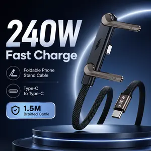 240W Super Fast Charging 2-in-1 Cable with Built-In Foldable Phone Stand, 1.5M Heavy Duty Braided Type-C Connector, Compatible with Samsung, iPad & All Type-C Devices