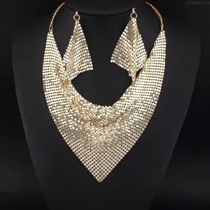 Leopard print sequin triangular scarf necklace & earrings set. Bold trendy design with eye-catching collarbone chain, stylish personalized jewelry for women.