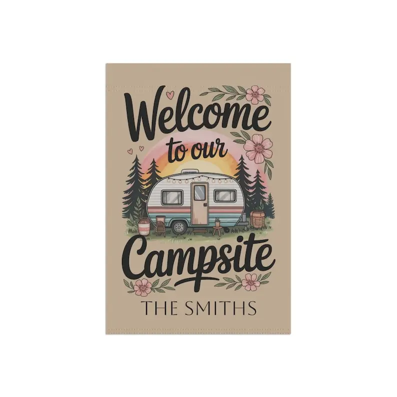 Personalized Retro Camper Garden Flag - 12 x 18 inch, All Seasons, Lightweight, Same Design Printed on Both Sides, Easy Placement on Poles, Vintage RV Yard Sign, Personalized Camping Flag