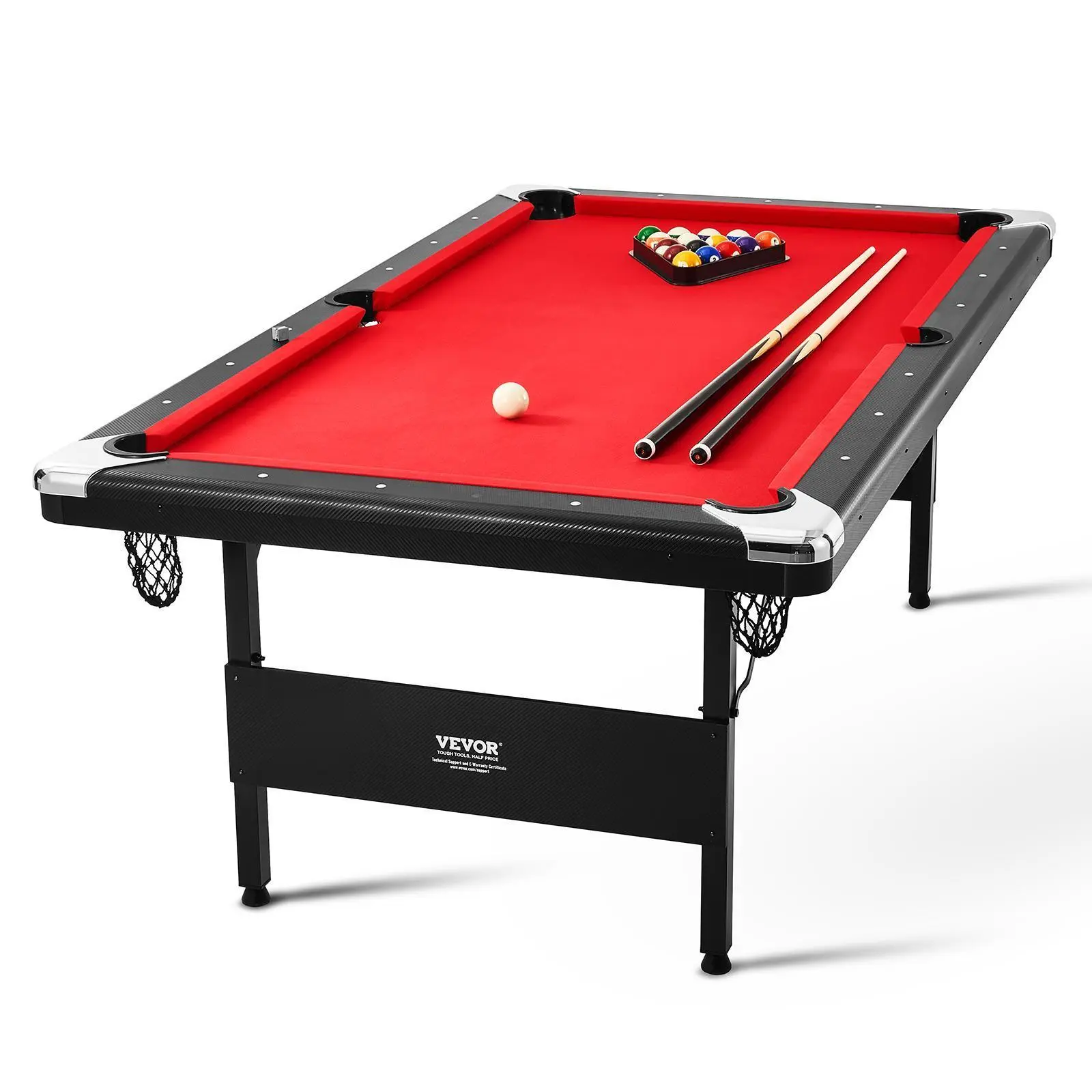【Summerfinds】VEVOR Billiards Table, 7 ft Pool Table, Portable Foldable Space-Saving Table, Billiard Table Set Includes Balls, Cues, Chalks and Brush, Black with Red Cloth, Perfect for Family Game Room Kids Adults